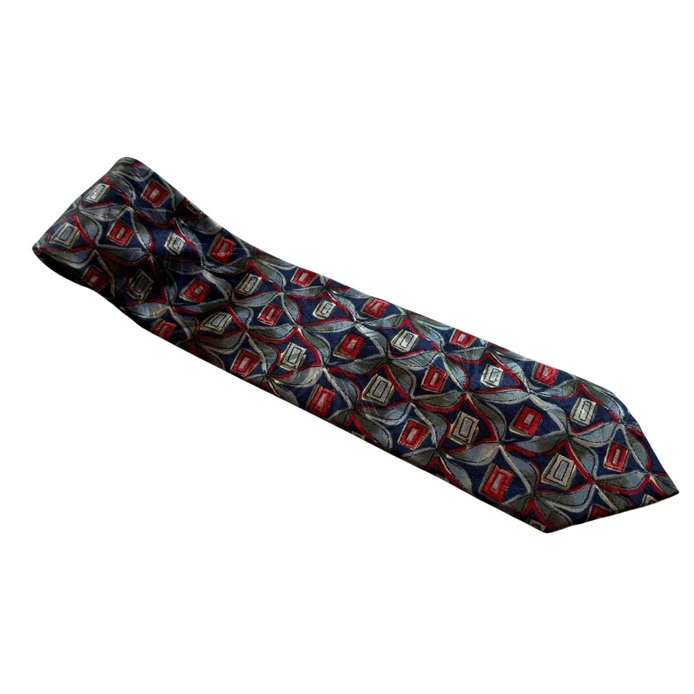 Oleg Cassini Silk Necktie Mens Navy Red Silver Geometric Abstract Made in Italy - Picture 2 of 6